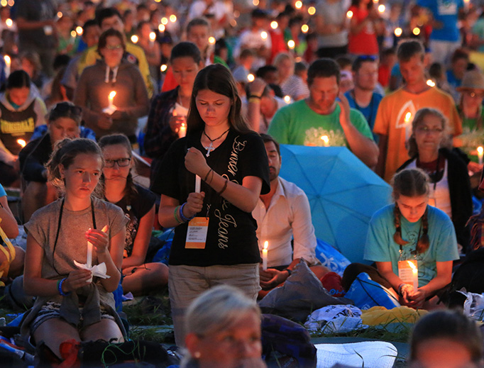 Pilgrims gather at the Prayer Vigil at Campus Misericordiae in Krakow, Poland for World Youth Day in 2016