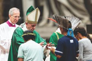 Pope Francis celebrates Mass for the opening of the Synod of Bishops for the Pan-Amazon Region in St. Peter’s Basilica on Oct. 6. The synod, which is discussing a range of controversial issues, continues through Oct. 27. 