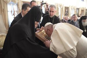 Pope Francis meets with Georgia Patriarch Beatitude Ilia II in Tbilisi, Georgia, Sept. 30, during his papal visit to the country.