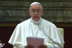 Pope Francis delivering his annual Christmas message to the Roman Curia, Dec. 22, 2016.