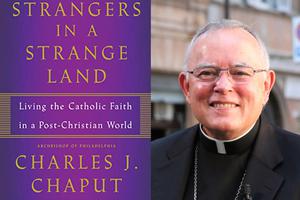 Archbishop Charles Chaput is pictured with the book cover of ‘Strangers in a Strange Land’ (Sources: Joaquín Peiró Pérez/CNA; Henry Holt and Company)