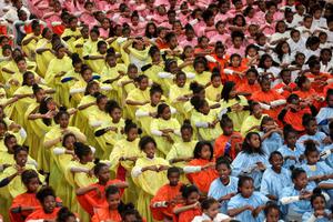 Young people wait to greet Pope Francis in Antananarivo, Madagascar, on Sept. 8, 2019.
