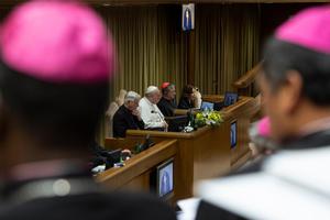 Pope Francis presides at the meeting on protection of minors in the Church in the Vatican's New Synod Hall Feb. 25.