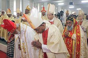 Above, cardinals of India queue up for the inaugural Mass at the Indian bishops' assembly Feb. 2 in Bangalore. Cardinal George Alencherry is in the front. Below, a massive charismatic convention at Kuruvilangad shrine of the Syro Malabar Church in August 2017.

