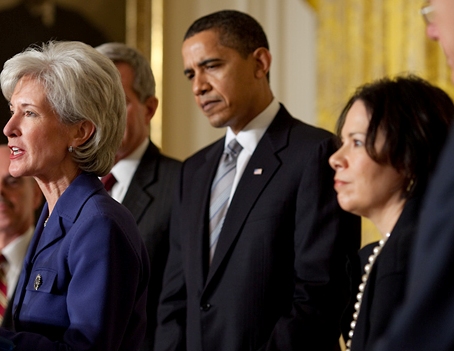 Kansas Gov. Kathleen Sebelius (left) and Nancy DeParle with President Obama today at the White House.