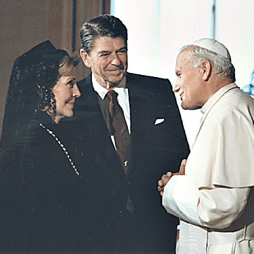 President Ronald Reagan and first lady Nancy Reagan meet with Pope John Paul II at the Vatican in Rome on June 7, 1982.
