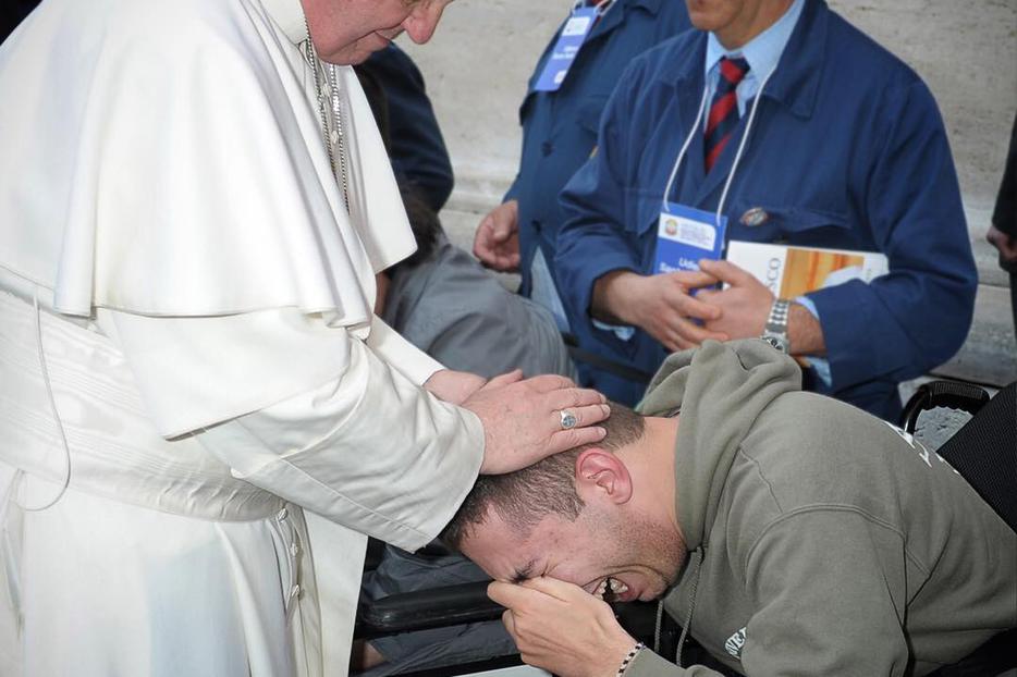 Above, Pope Francis blesses a young man. Below, Maximilien Luce, The Good Samaritan