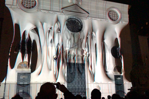 An image of the Solid Light Festival show, projected onto the facade of the basilica of Santa Maria Sopra Minerva.