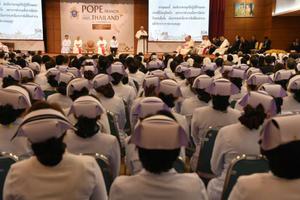Pope Francis addresses medical personnel at St. Louis Catholic Hospital in Bangkok Nov. 21. 