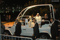 Pope Francis arriving to the media center at Forte Copa on Copacabana beach as he makes his way to the prayer vigil July 27.