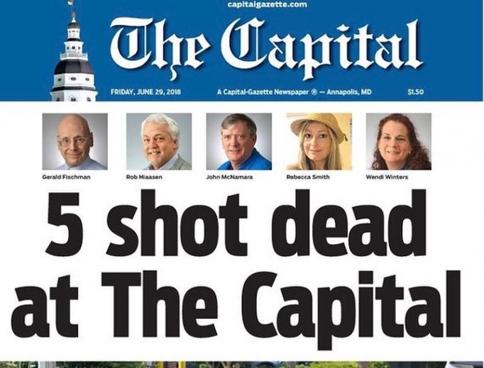 The cover of the June 29 front page; the newspaper staff reported on the shooting in their newsroom and remembered their fallen colleagues.