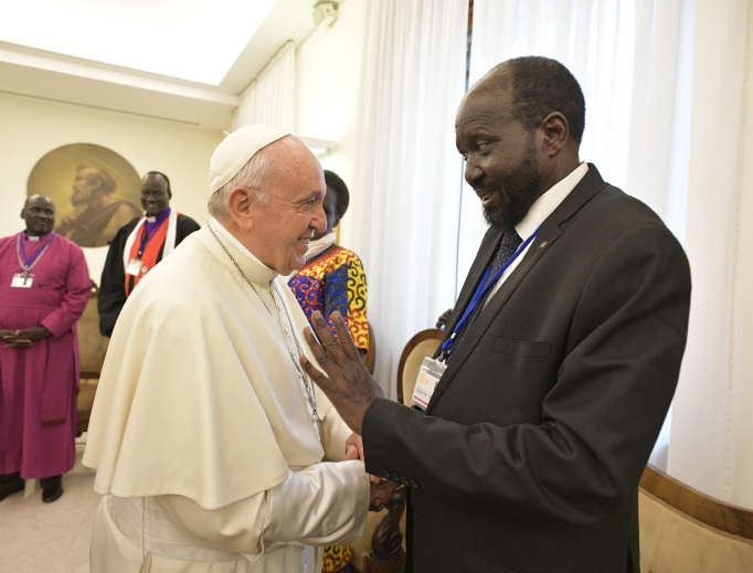 Pope Francis greets President Salva Kiir Mayardit of South Sudan during a spiritual retreat for South Sudan leaders at the Vatican April 11.