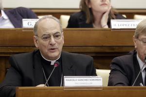 Msgr. Marcelo Sanchez Sorondo, chancellor of the Pontifical Academy of Sciences, delivers a message at a conference on ‘Organ Trafficking and Transplant Tourism,’ held at the Vatican, Feb. 7. 

