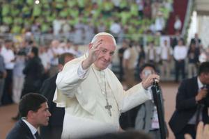 Pope Francis arrives in Puerto Maldonado for an encounter with Peru's indigenous Amazonian communities Jan. 19.
