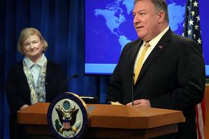 U.S. Secretary of State Mike Pompeo is joined by Mary Ann Glendon while announcing the formation of a commission to redefine human rights, based on “natural law and natural rights”, during a news conference at the Department of State, July 8, 2019, in Washington, D.C.