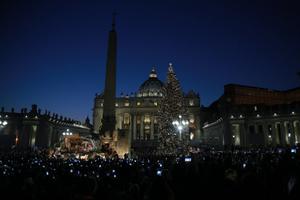 The Christmas tree and crèche in St. Peter’s Square on Dec. 9.