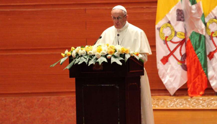 Pope Francis addresses authorities in Burma Nov. 28.