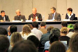 Cardinal Christoph Schönborn addresses the press regarding the synod Oct. 16.