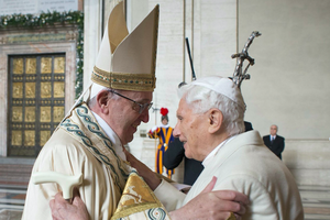 Pope Francis and Pope Emeritus Benedict XVI outside of the Holy Doors at St. Peter's Basilica to begin the Jubilee Year of Mercy on December 8, 2015, the feast of the Immaculate Conception.