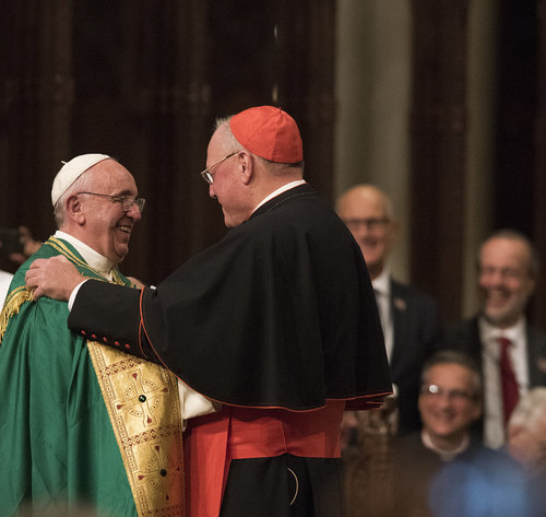 Pope Francis thanks Cardinal Timothy Dolan for the warm welcome at St. Patrick's Cathedral in New York on Sept. 24.