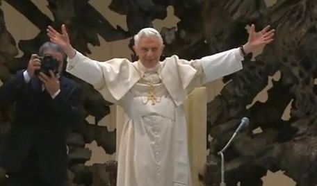 Pope Benedict XVI greeting pilgrims at his weekly general audience in the Paul VI Hall Jan. 2, 2013.