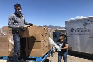 Volunteers deliver food baskets to New Mexico's Acoma pueblo from the "Knights of Columbus Covid-19 Relief Canteen", April 2020. 