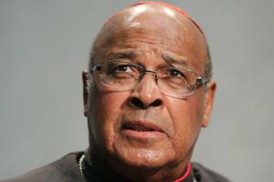 Cardinal Wilfrid Napier of South Africa speaks at a briefing on the Synod of Bishops on Oct. 20 in the Holy See Press Office.