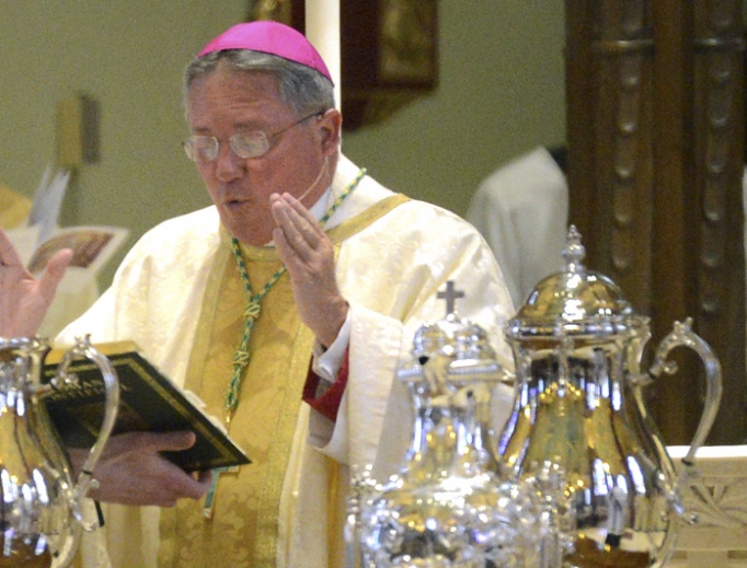 Bishop Michael Cote of Norwich, Connecticut, celebrates the chrism Mass at the Cathedral of St. Patrick in 2015. Deacon Mark King said Bishop Cote told him Father Greg Mullaney was a case of ‘unintegrated sexuality,’ which was why he wasn’t permanently removed from the priesthood. 