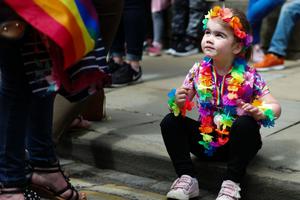 A child attends the York Pride parade on June 9, 2018, in York, England. 
