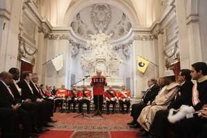 Grand Master Fra’ Matthew Festing addresses diplomats accredited to the Sovereign Order of Malta on Jan. 10 at the Magistral Villa in Rome.