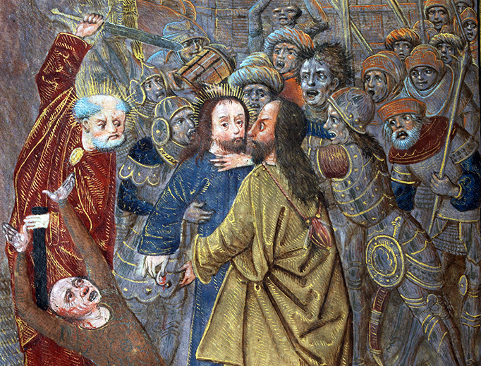 “The Betrayal of Jesus by Peter and Judas,” from the Vaux Passional (ca. 1503) in the National Library of Wales