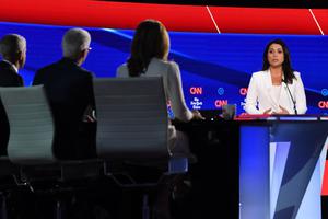 Tulsi Gabbard speaks onstage during the Democratic primary debate Oct. 15 at Otterbein University in Westerville, Ohio.
