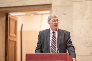 George Weigel, shown speaking at the Oct. 12 conference, spoke in Rome this week of the enduring legacy of St. John Henry Newman.