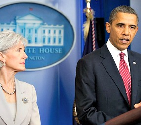 President Barack Obama, with H.H.S. Secretary Kathleen Sebelius, announces the contraception mandate at the White House.