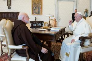  Pope Francis speaks with Boston Cardinal Seán O’Malley April 19, 2018, in Vatican City. Cardinal  O’Malley has raised fundamental questions about the Vatican approach to dealing with sexual abuse.



