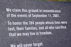 “We will never forget”: A plaque at the National 9/11 Pentagon memorial