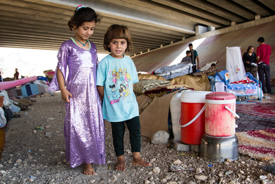 Refugee families who fled the advance of Islamic State forces in Sinjar shelter under a bridge in the Kurdish city of Duhok.