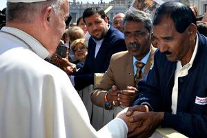 Ashiq Mesih, the husband of Asia Bibi, meets with Pope Francis after the Holy Father's general audience on April 15. 