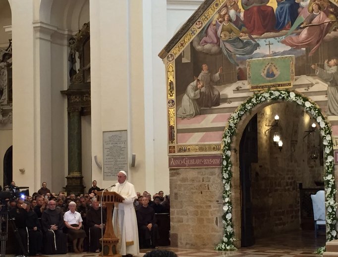 Pope Francis visits the Porziuncola chapel inside the papal Basilica of St. Mary of the Angels in Assisi to commemorate the 800th anniversary of the 'Pardon of Assisi.'