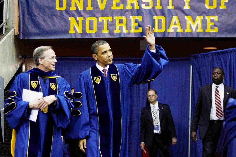 Holy Cross Father John Jenkins, president of the University of Notre Dame, and President Barack Obama at yesterday's commencement ceremony.