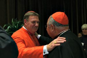 Cardinal Joseph Tobin (l) of Newark, New Jersey, greets a well-wisher following the ceremonies that elevated him to cardinal Nov. 19 at the Vatican.