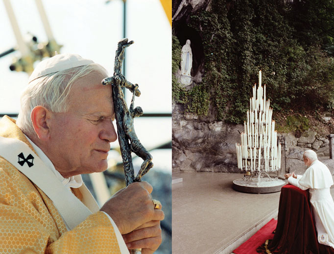 Pope John Paul II prays (r) in the grotto at the Shrine of Our Lady of Lourdes in Lourdes, France, in 1983. John Paul II, who died 12 years ago April 2, shown (l) in Taranto, Italy, in 1989. 