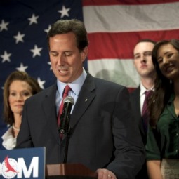 Surrounded by members of his family, Republican presidential candidate former U.S. Sen. Rick Santorum announces the suspension of his campaign during a press conference April 10 at the Gettysburg Hotel in Gettysburg, Pa. 