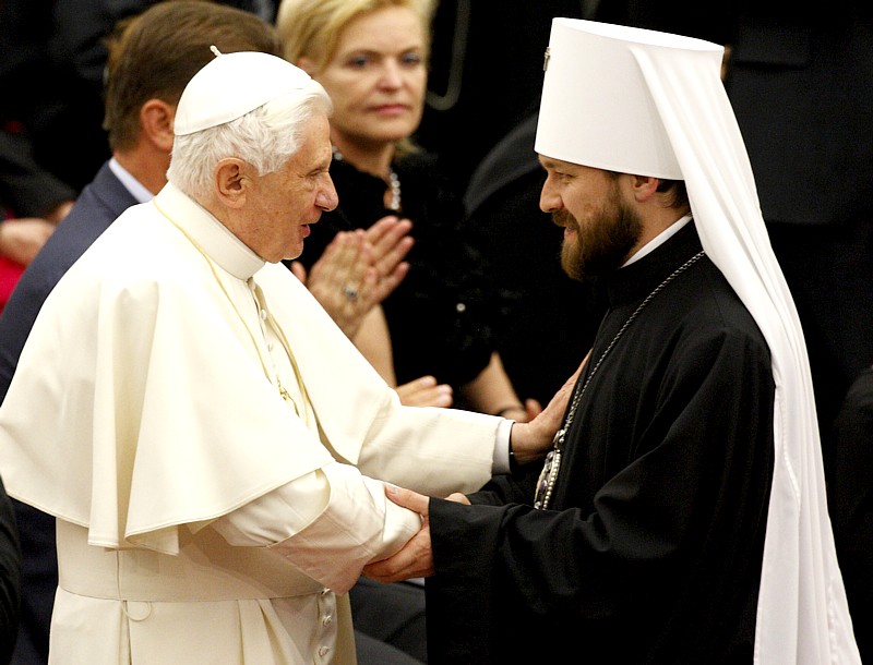 Pope Benedict XVI exchanges greetings with Russian Orthodox Metropolitan Hilarion of Volokolamsk prior to a concert at the Vatican May 20. The concert was a gift from Russian Orthodox Patriarch Kirill of Moscow.