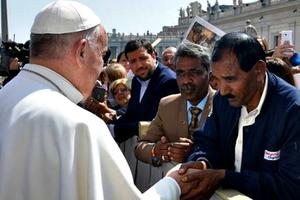 Pope Francis greets Ashiq Mesih, the husband of Asia Bibi, a Pakistani woman sentenced to death by a sharia court for blasphemy, in St. Peter’s Square during the Wednesday general audience on April 15.

