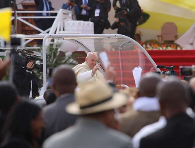 Pope Francis arrives for Mass in Antananarivo, Madagascar Sept. 8, 2019.