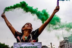 A woman takes part in a strike to demand the legalization of abortion in front of the Congress in Buenos Aires, on March 9, 2020.