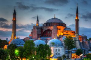 Hagia Sophia in Istanbul at dusk. 