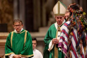 Pope Francis celebrates the closing Mass of the Amazon synod Oct. 27.