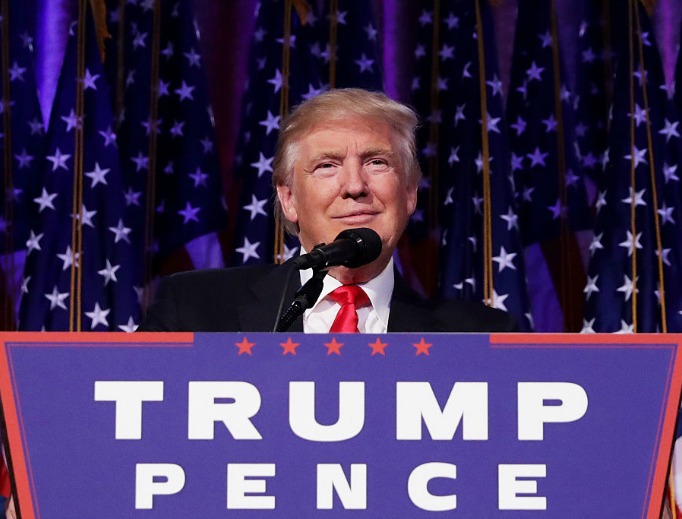 Republican president-elect Donald Trump gives a thumbs up to the crowd during his acceptance speech at his election night event at the New York Hilton Midtown in the early morning hours of Nov. 9 in New York City. 